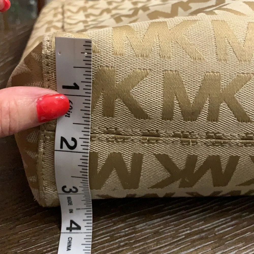 Michael Kors MK monogrammed print tan large shoulder bag with tan leather straps